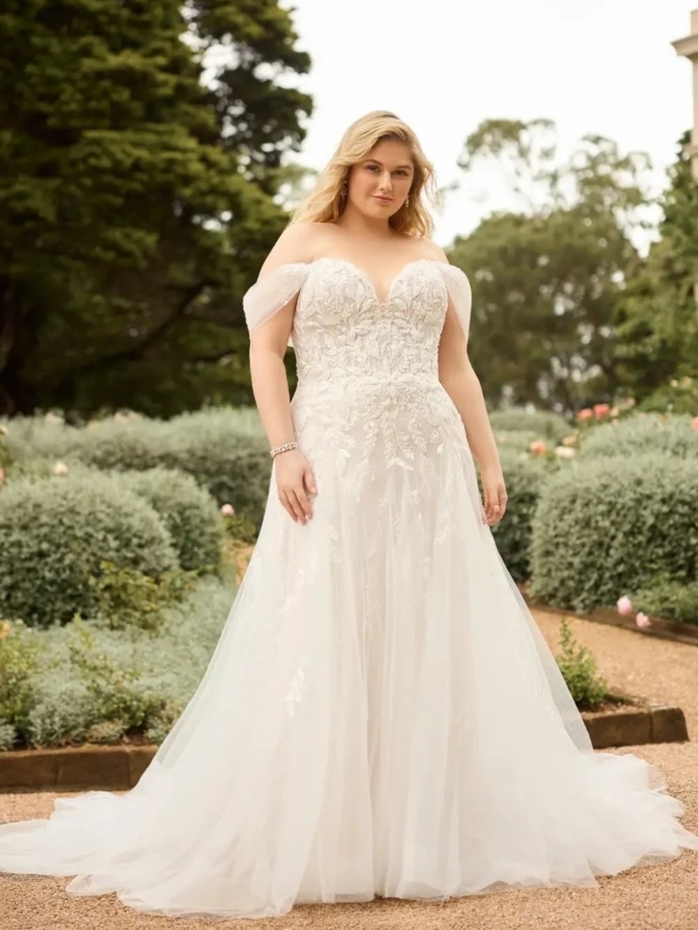 BNWT Ivory/Blush Ethereal Off-Shoulder Wedding Dress w Beaded Semi-Sheer Bodice
